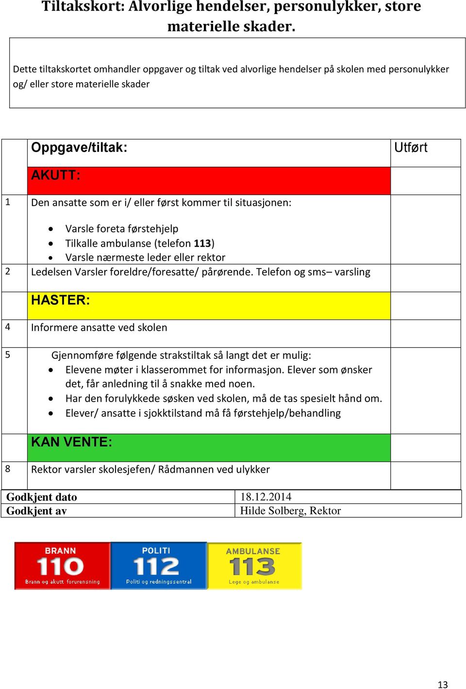 først kommer til situasjonen: Varsle foreta førstehjelp Tilkalle ambulanse (telefon 113) Varsle nærmeste leder eller rektor 2 Ledelsen Varsler foreldre/foresatte/ pårørende.