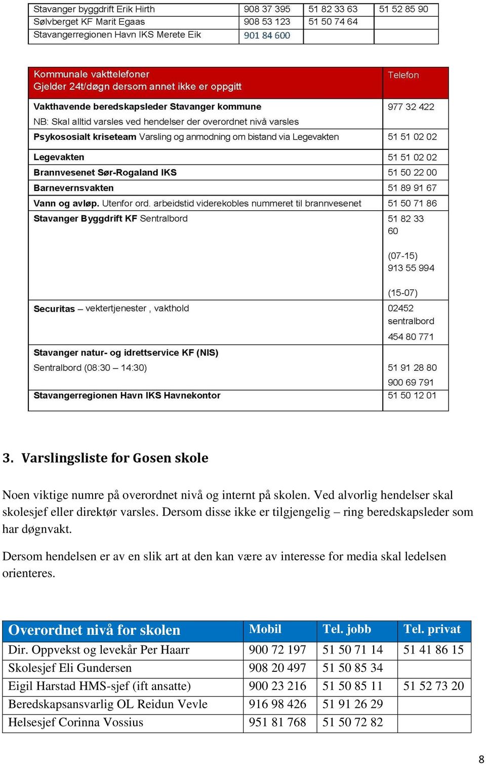 Dersom hendelsen er av en slik art at den kan være av interesse for media skal ledelsen orienteres. Overordnet nivå for skolen Mobil Tel. jobb Tel. privat Dir.