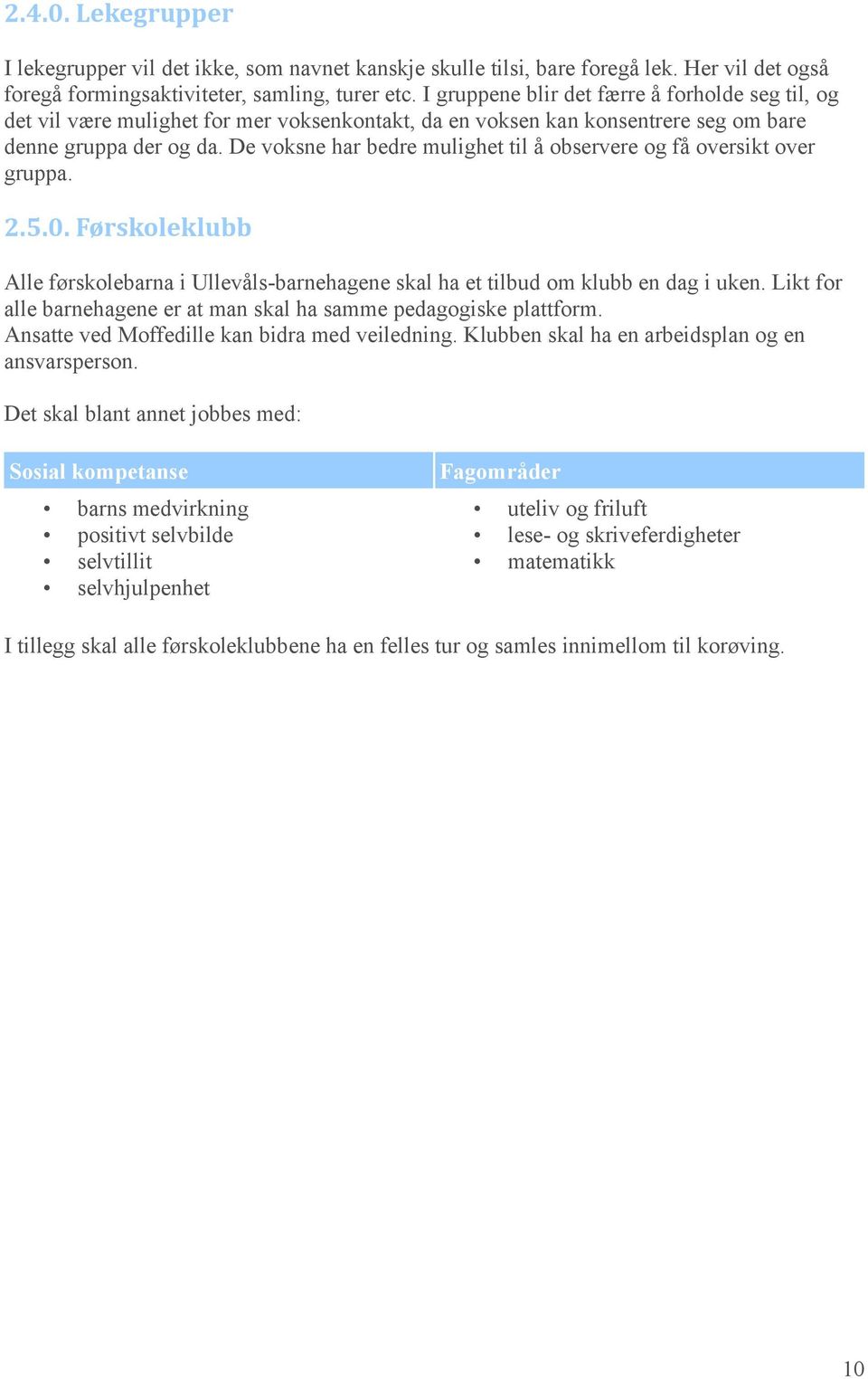 De voksne har bedre mulighet til å observere og få oversikt over gruppa. 2.5.0. Førskoleklubb Alle førskolebarna i Ullevåls-barnehagene skal ha et tilbud om klubb en dag i uken.