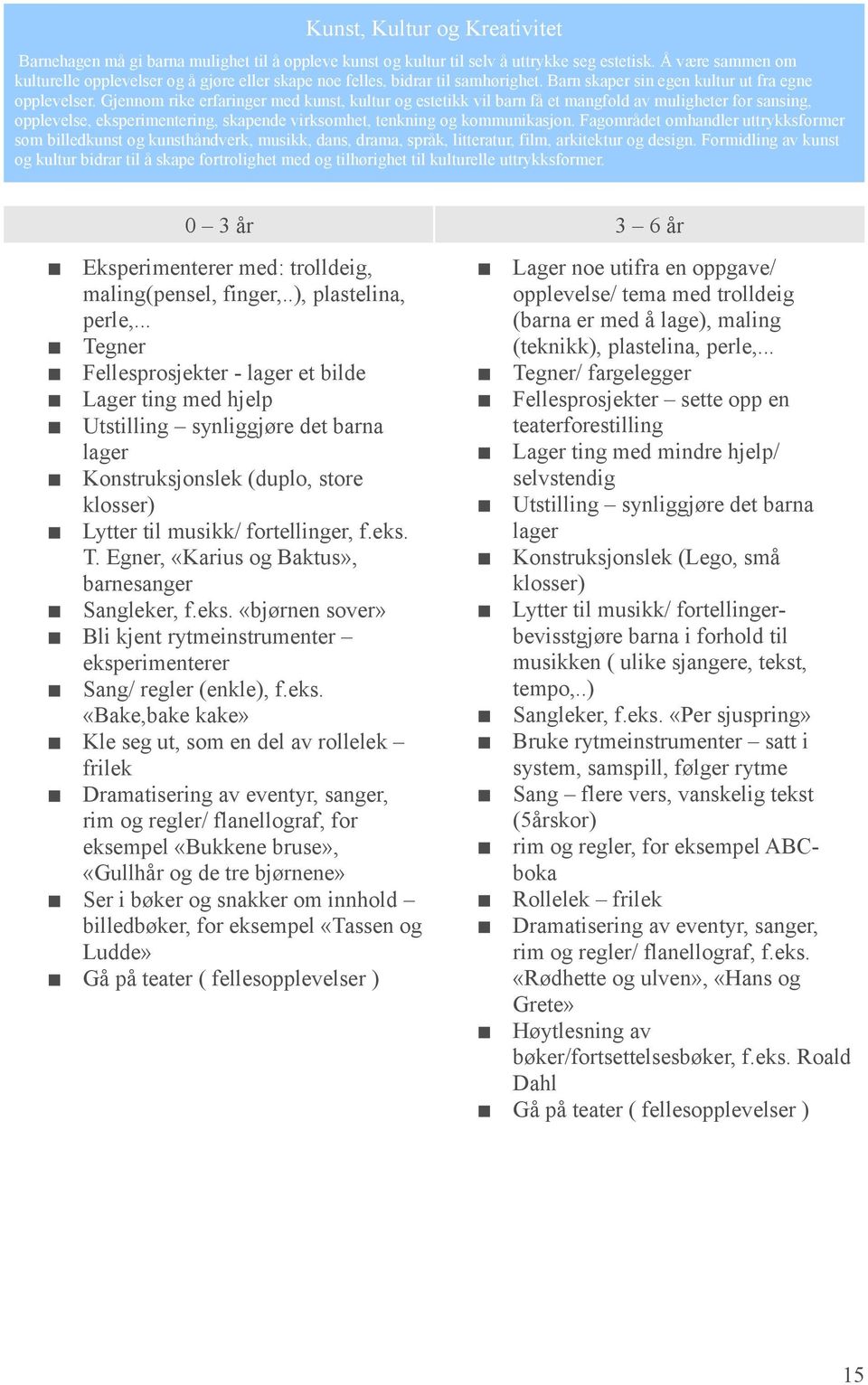 Gjennom rike erfaringer med kunst, kultur og estetikk vil barn få et mangfold av muligheter for sansing, opplevelse, eksperimentering, skapende virksomhet, tenkning og kommunikasjon.