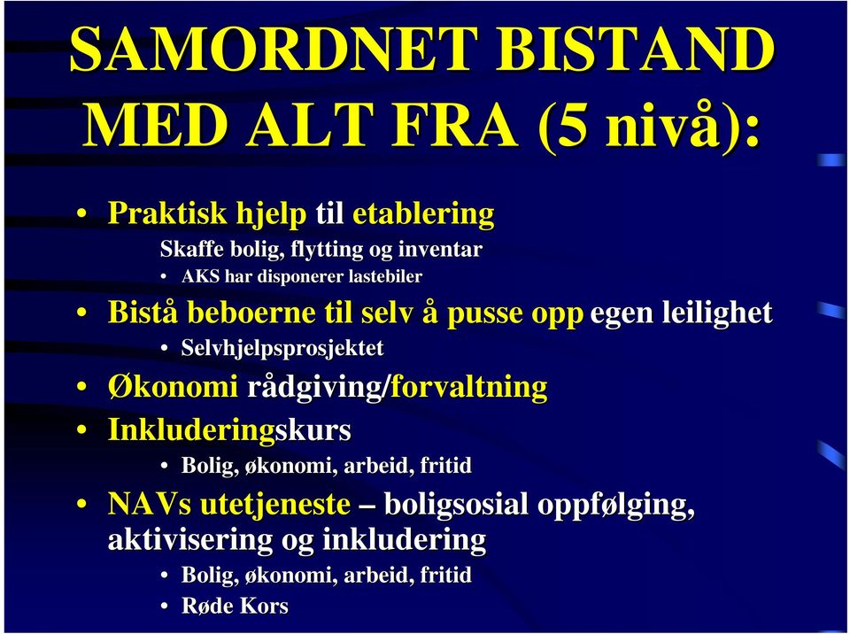 Selvhjelpsprosjektet Økonomi rådgiving/ dgiving/forvaltning Inkluderingskurs Bolig, økonomi, arbeid,