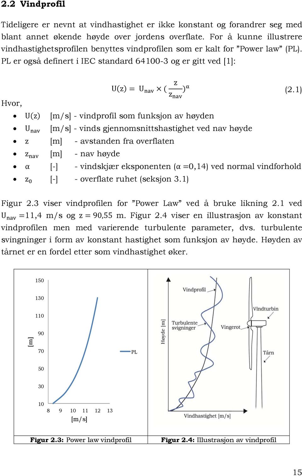 1) Hvor, U z [m/s] - vindprofil som funksjon av høyden U [m/s] - vinds gjennomsnittshastighet ved nav høyde z [m] - avstanden fra overflaten z [m] - nav høyde α [-] - vindskjær eksponenten (α 0,14)