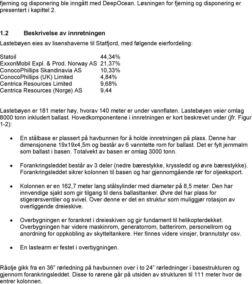 Norway AS 21,37% ConocoPhillips Skandinavia AS 10,33% ConocoPhillips (UK) Limited 4,84% Centrica Resources Limited 9,68% Centrica Resources (Norge) AS 9,44 Lastebøyen er 181 meter høy, hvorav 140