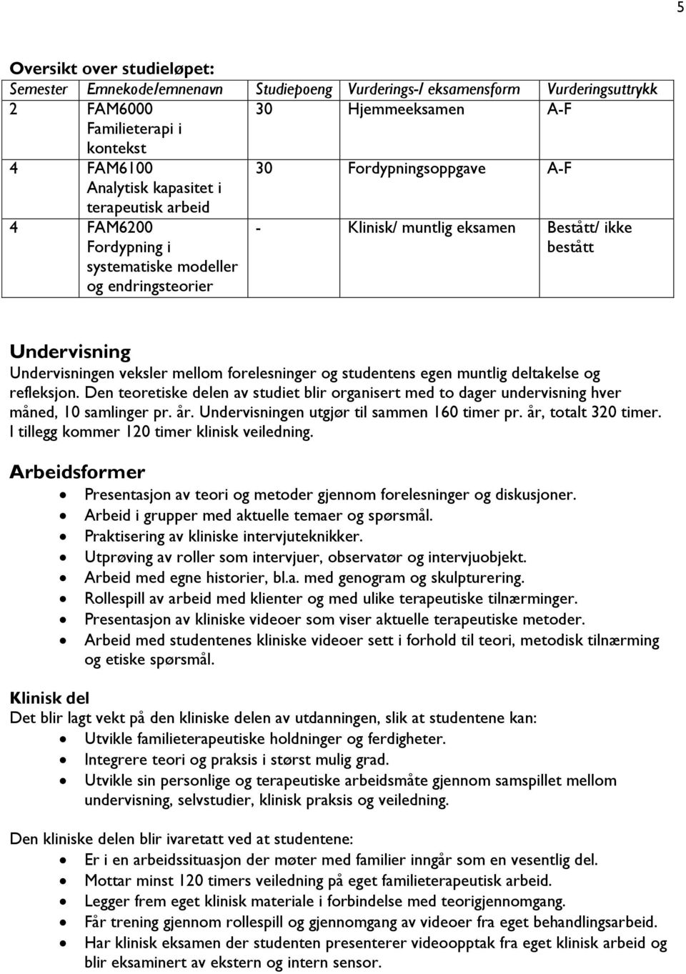 mellom forelesninger og studentens egen muntlig deltakelse og refleksjon. Den teoretiske delen av studiet blir organisert med to dager undervisning hver måned, 10 samlinger pr. år.