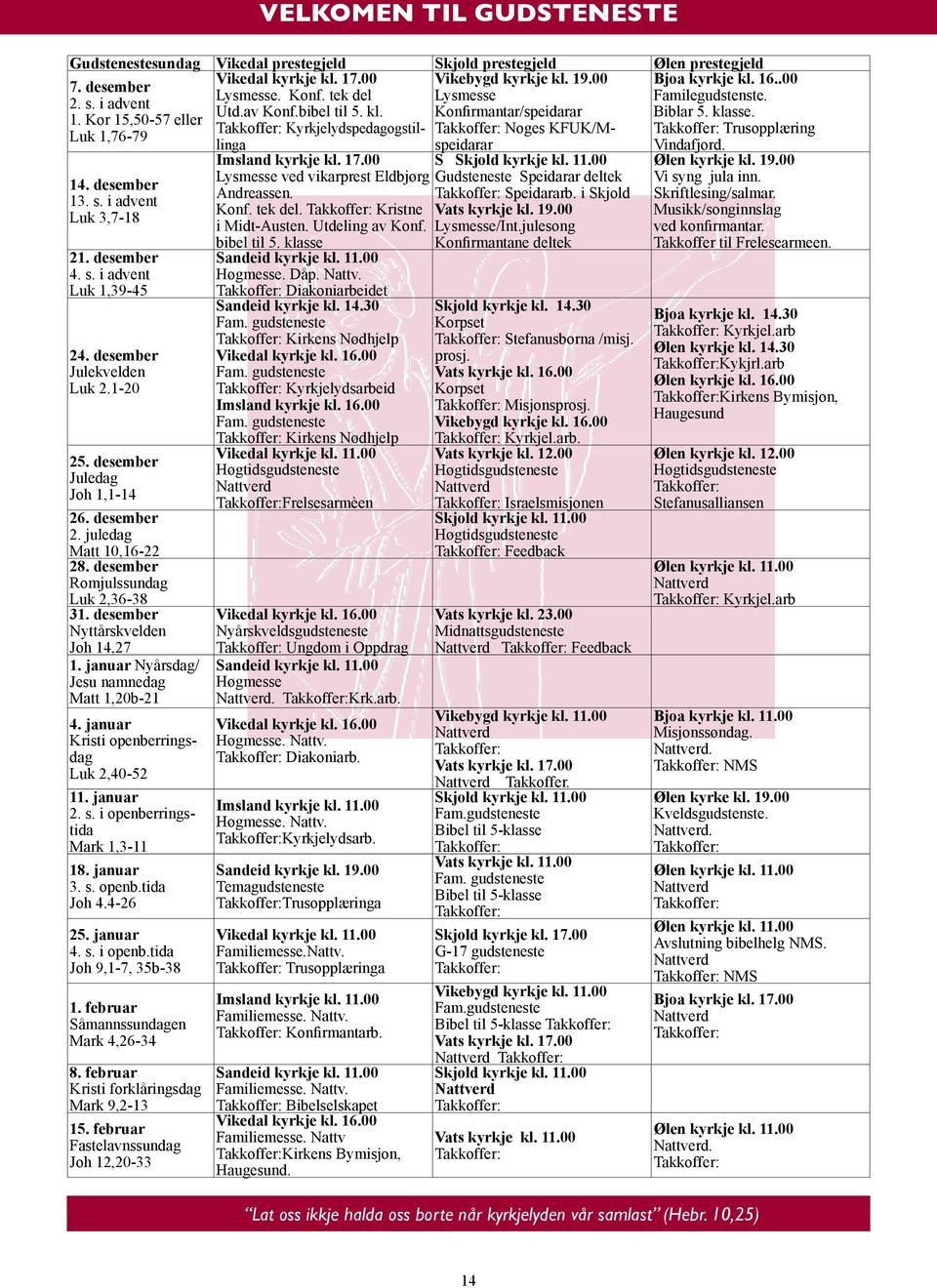 desember 4. s. i advent Luk 1,39-45 24. desember Julekvelden Luk 2.1-20 25. desember Juledag Joh 1,1-14 26. desember 2. juledag Matt 10,16-22 28. desember Romjulssundag Luk 2,36-38 31.
