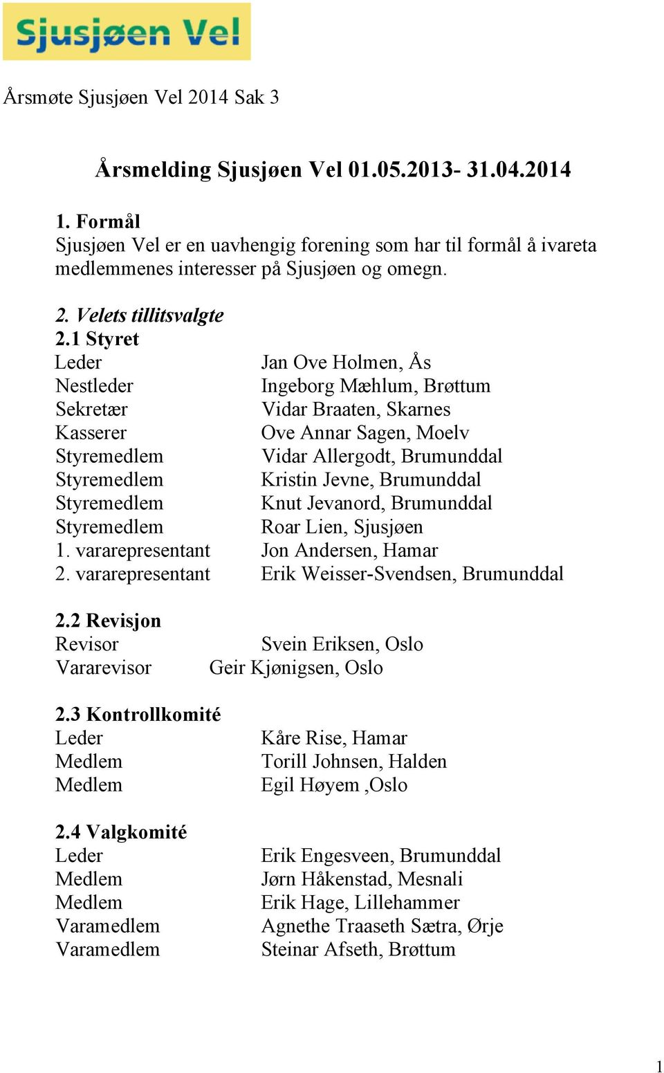 1 Styret Leder, Ås Nestleder Ingeborg Mæhlum, Brøttum Sekretær Vidar Braaten, Skarnes Kasserer Ove Annar Sagen, Moelv Styremedlem Vidar Allergodt, Brumunddal Styremedlem Kristin Jevne, Brumunddal