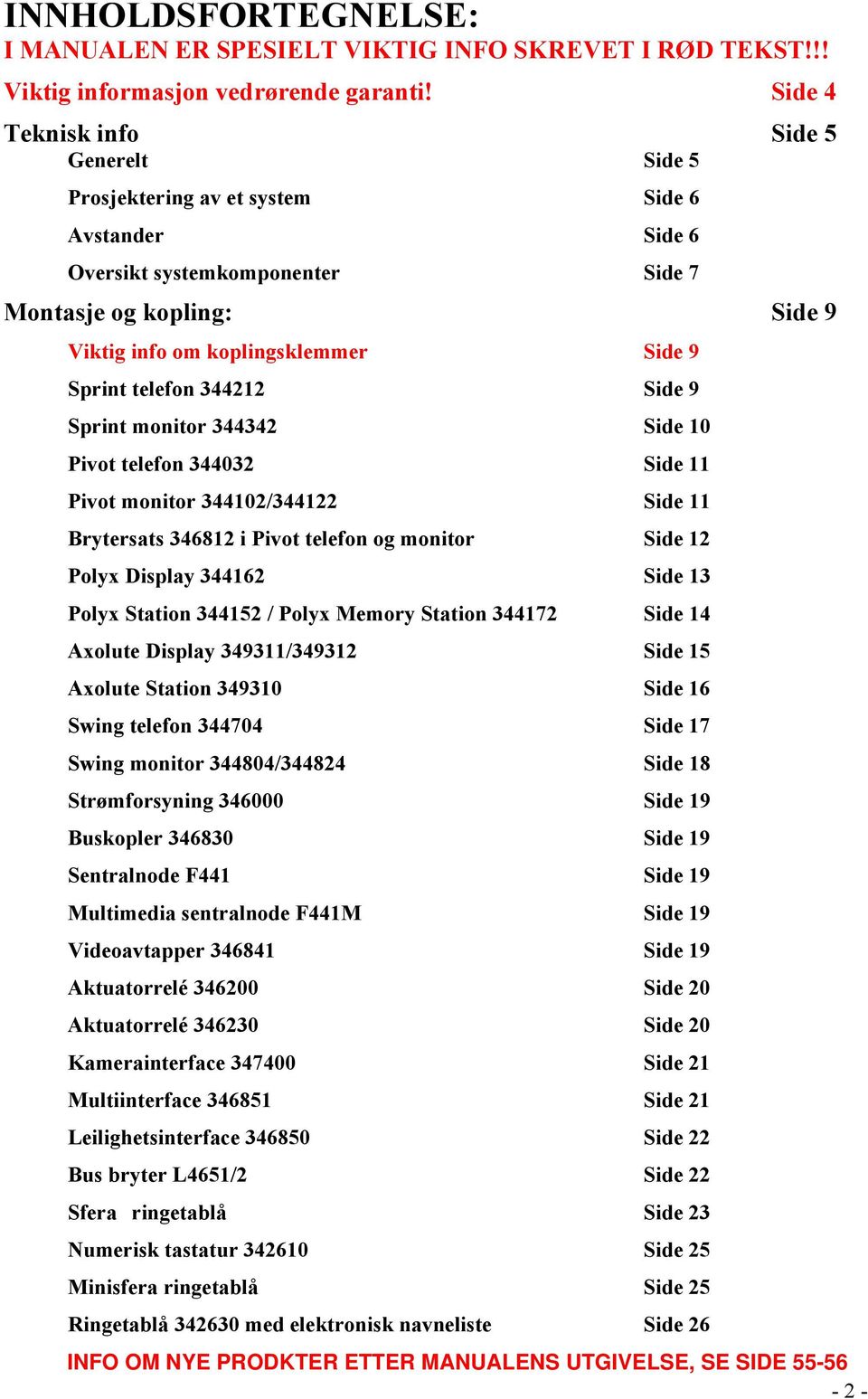 Sprint telefon 344212 Side 9 Sprint monitor 344342 Side 10 Pivot telefon 344032 Side 11 Pivot monitor 344102/344122 Side 11 Brytersats 346812 i Pivot telefon og monitor Side 12 Polyx Display 344162