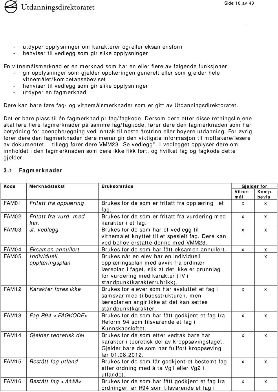 bare føre fag- og vitnemålsmerknader som er gitt av Utdanningsdirektoratet. Det er bare plass til én fagmerknad pr fag/fagkode.