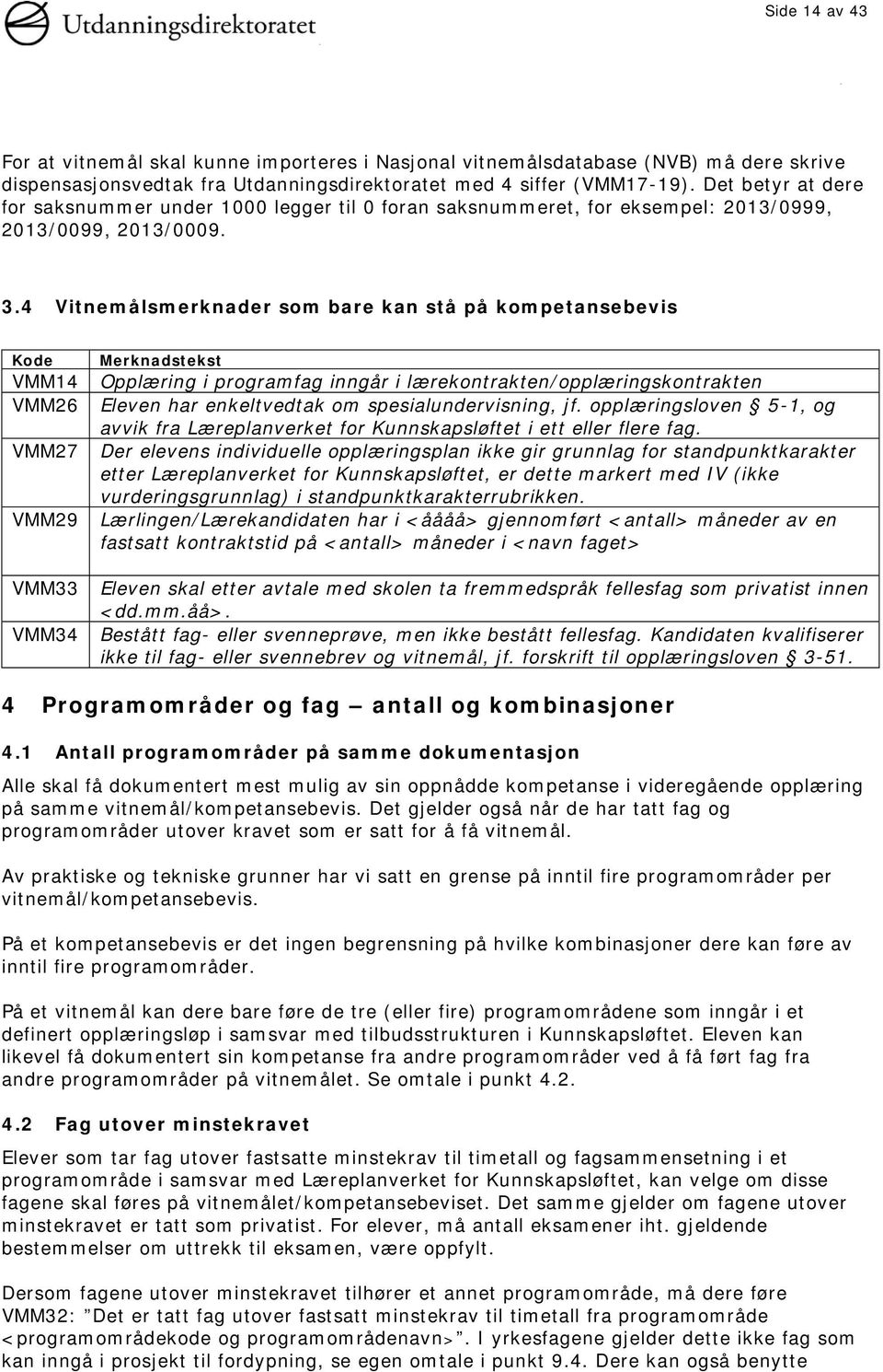 4 Vitnemålsmerknader som bare kan stå på kompetansebevis Kode Merknadstekst VMM14 Opplæring i programfag inngår i lærekontrakten/opplæringskontrakten VMM26 Eleven har enkeltvedtak om