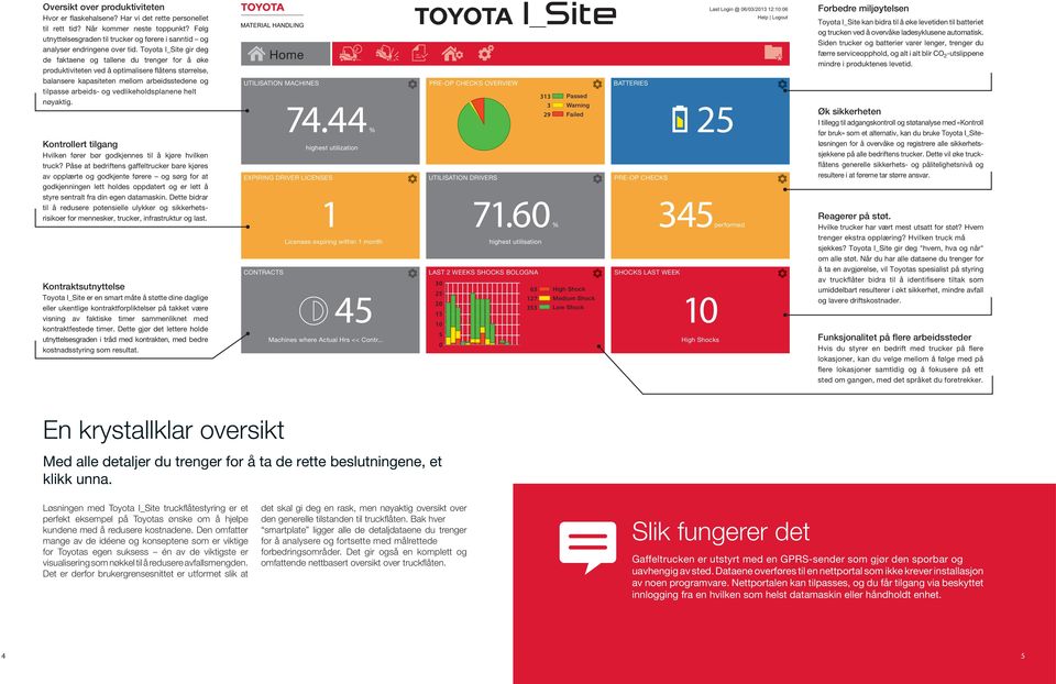 Toyota I_Site gir deg de faktaene og tallene du trenger for å øke produktiviteten ved å optimalisere flåtens størrelse, balansere kapasiteten mellom arbeidsstedene og tilpasse arbeids- og