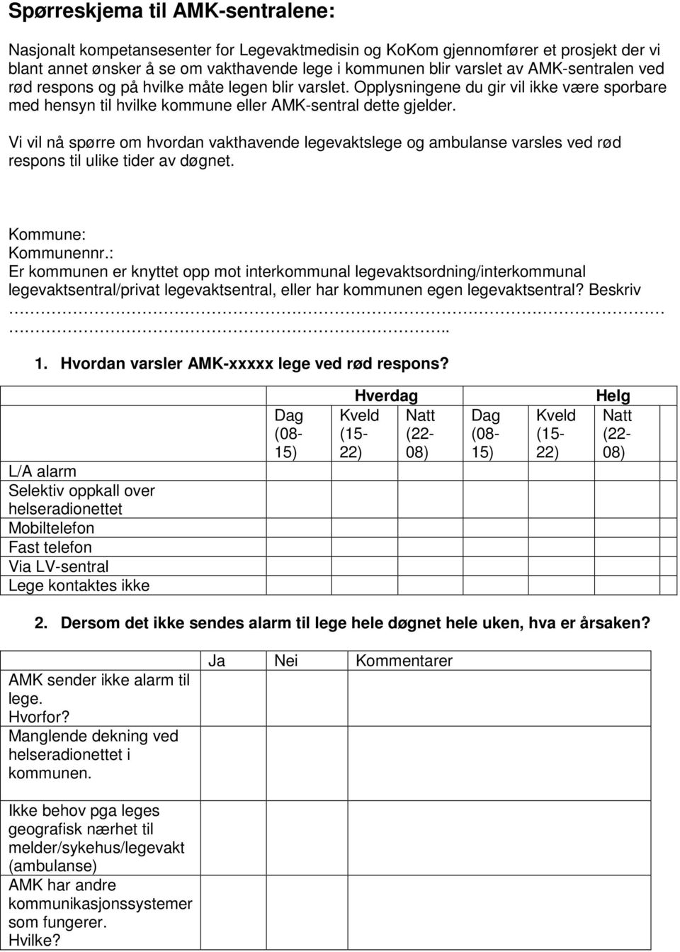 Vi vil nå spørre om hvordan vakthavende legevaktslege og ambulanse varsles ved rød respons til ulike tider av døgnet. Kommune: Kommunennr.