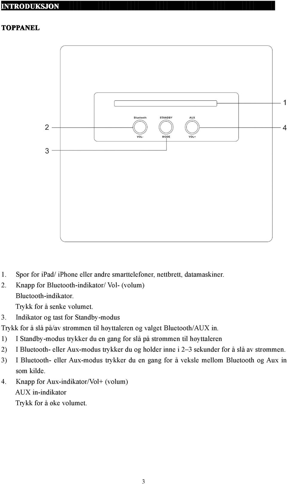 Indikator og tast for Standby-modus Trykk for å slå på/av strømmen til høyttaleren og valget Bluetooth/AUX in.