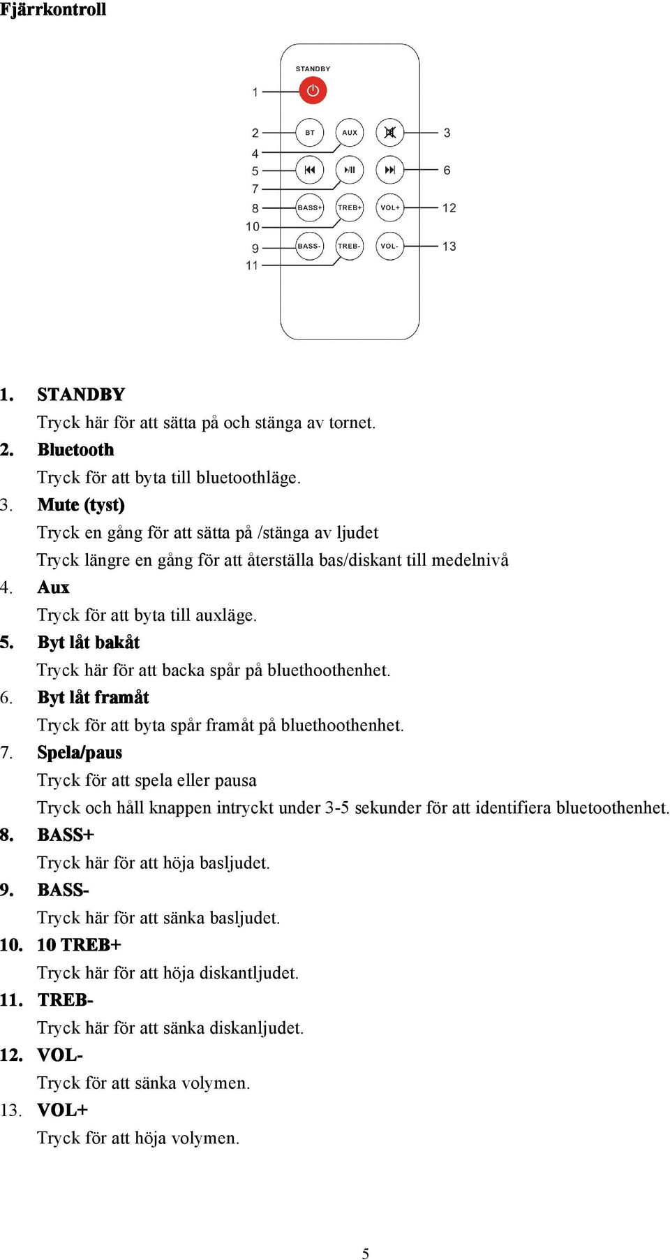 Byt låt bakåt Tryck här för att backa spår på bluethoothenhet. 6. Byt låt framåt Tryck för att byta spår framåt på bluethoothenhet. 7.