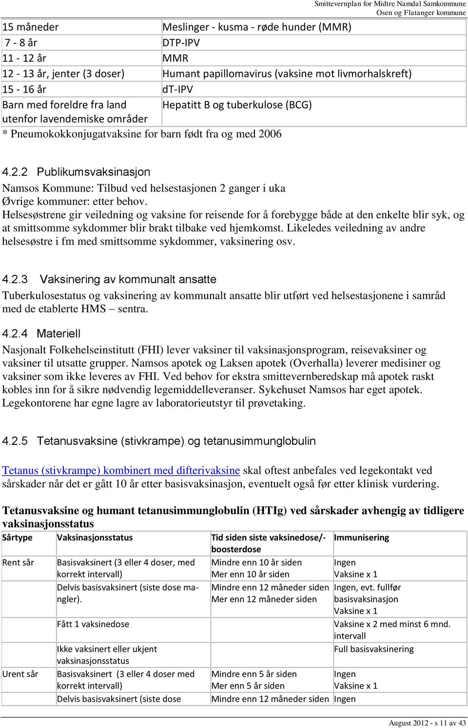 06 4.2.2 Publikumsvaksinasjon Namsos Kommune: Tilbud ved helsestasjonen 2 ganger i uka Øvrige kommuner: etter behov.