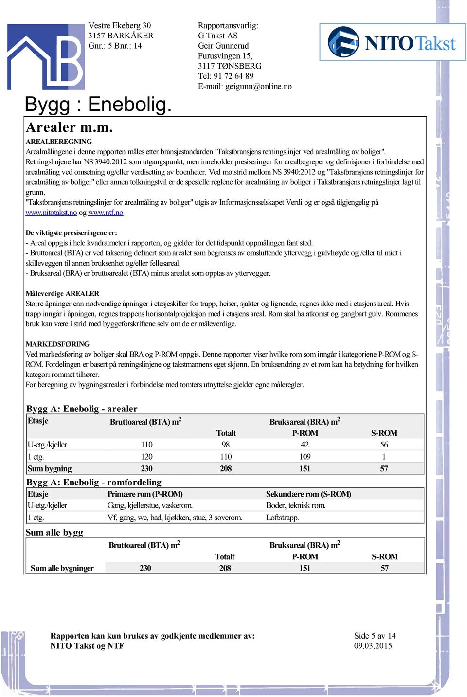 "Takstbransjens retningslinjer for arealmåling av boliger" eller annen tolkningstvil er de spesielle reglene for arealmåling av boliger i Takstbransjens retningslinjer lagt til grunn "Takstbransjens