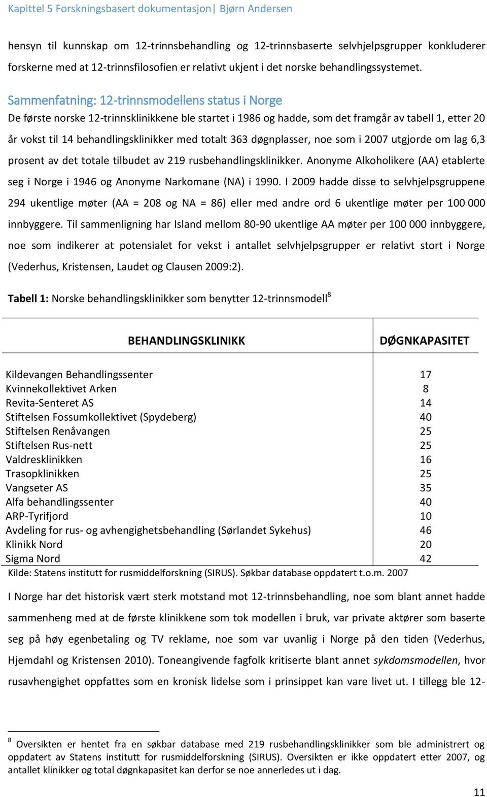 totalt 363 døgnplasser, noe som i 2007 utgjorde om lag 6,3 prosent av det totale tilbudet av 219 rusbehandlingsklinikker.