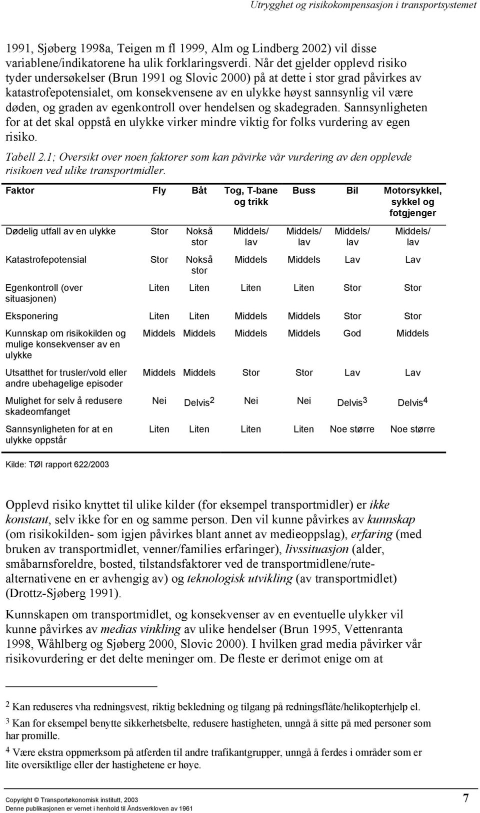 og graden av egenkontroll over hendelsen og skadegraden. Sannsynligheten for at det skal oppstå en ulykke virker mindre viktig for folks vurdering av egen risiko. Tabell 2.