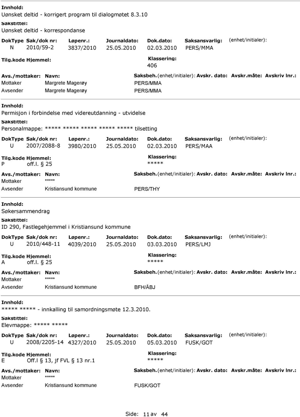 /mottaker: Navn: Saksbeh. Avskr. dato: Avskr.måte: Avskriv lnr.: PRS/THY Søkersammendrag D 290, Fastlegehjemmel i 2010/448-11 4039/2010 03.03.2010 PRS/LMJ A off.l. 25 Avs./mottaker: Navn: Saksbeh. Avskr. dato: Avskr.måte: Avskriv lnr.: BFH/ÅBJ - innkalling til samordningsmøte 12.