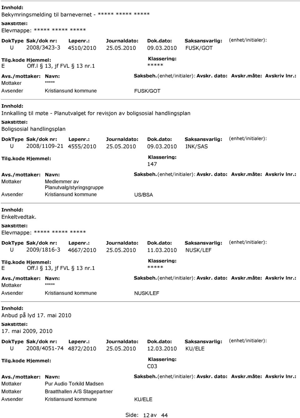 dato: Avskr.måte: Avskriv lnr.: Medlemmer av Planutvalg/styringsgruppe S/BSA nkeltvedtak. levmappe: 2009/1816-3 4667/2010 11.03.2010 NSK/LF Avs./mottaker: Navn: Saksbeh. Avskr. dato: Avskr.