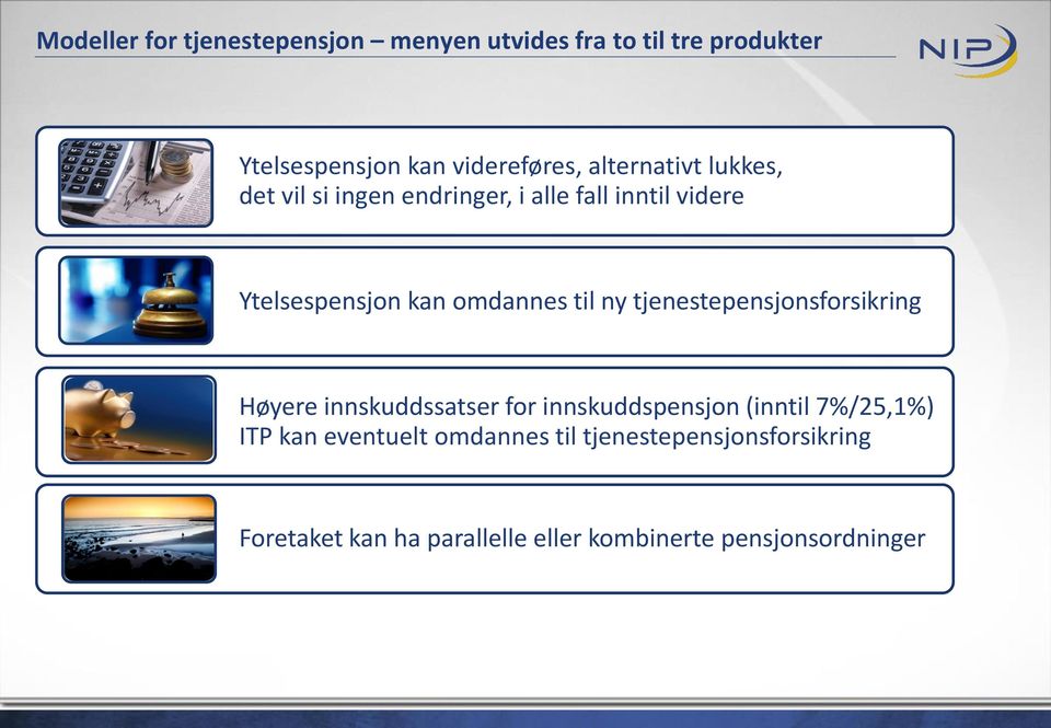 til ny tjenestepensjonsforsikring Høyere innskuddssatser for innskuddspensjon (inntil 7%/25,1%) ITP kan