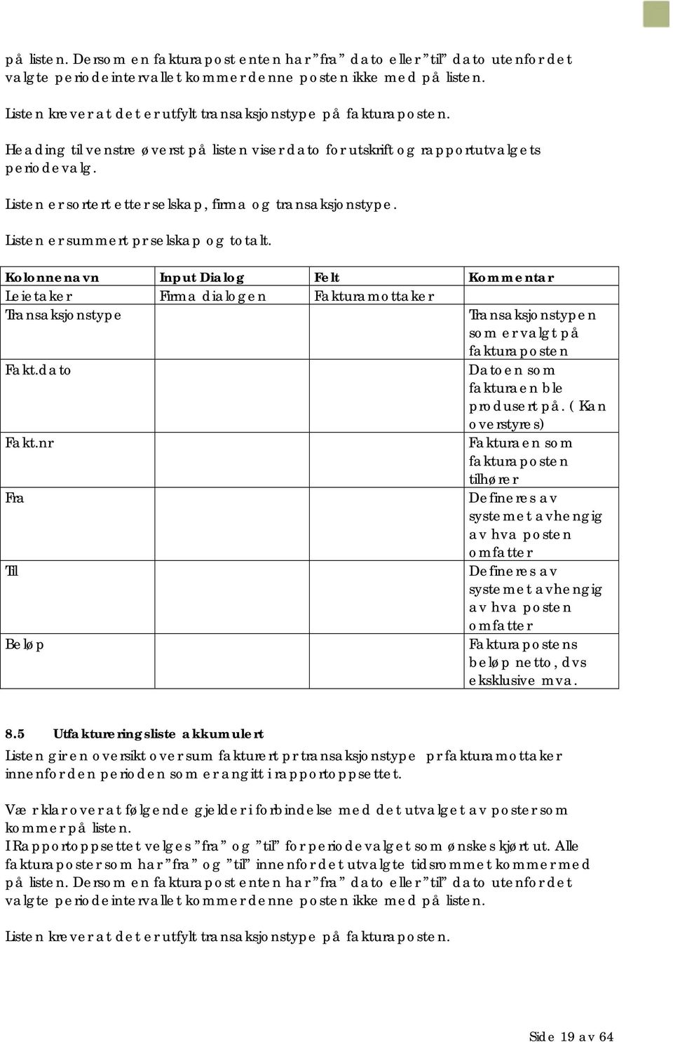 Listen er sortert etter selskap, firma og transaksjonstype. Listen er summert pr selskap og totalt.