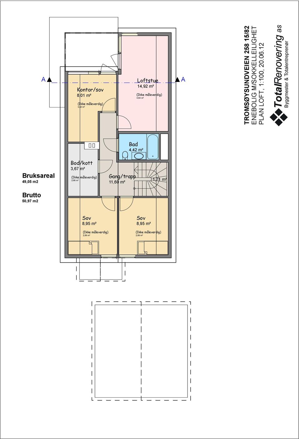 12 Bad 4,42 m² Bruksareal 49,05 m2 Bod/kott 3,67 m² (Ikke måleverdig) 2,66 m² Gang/trapp