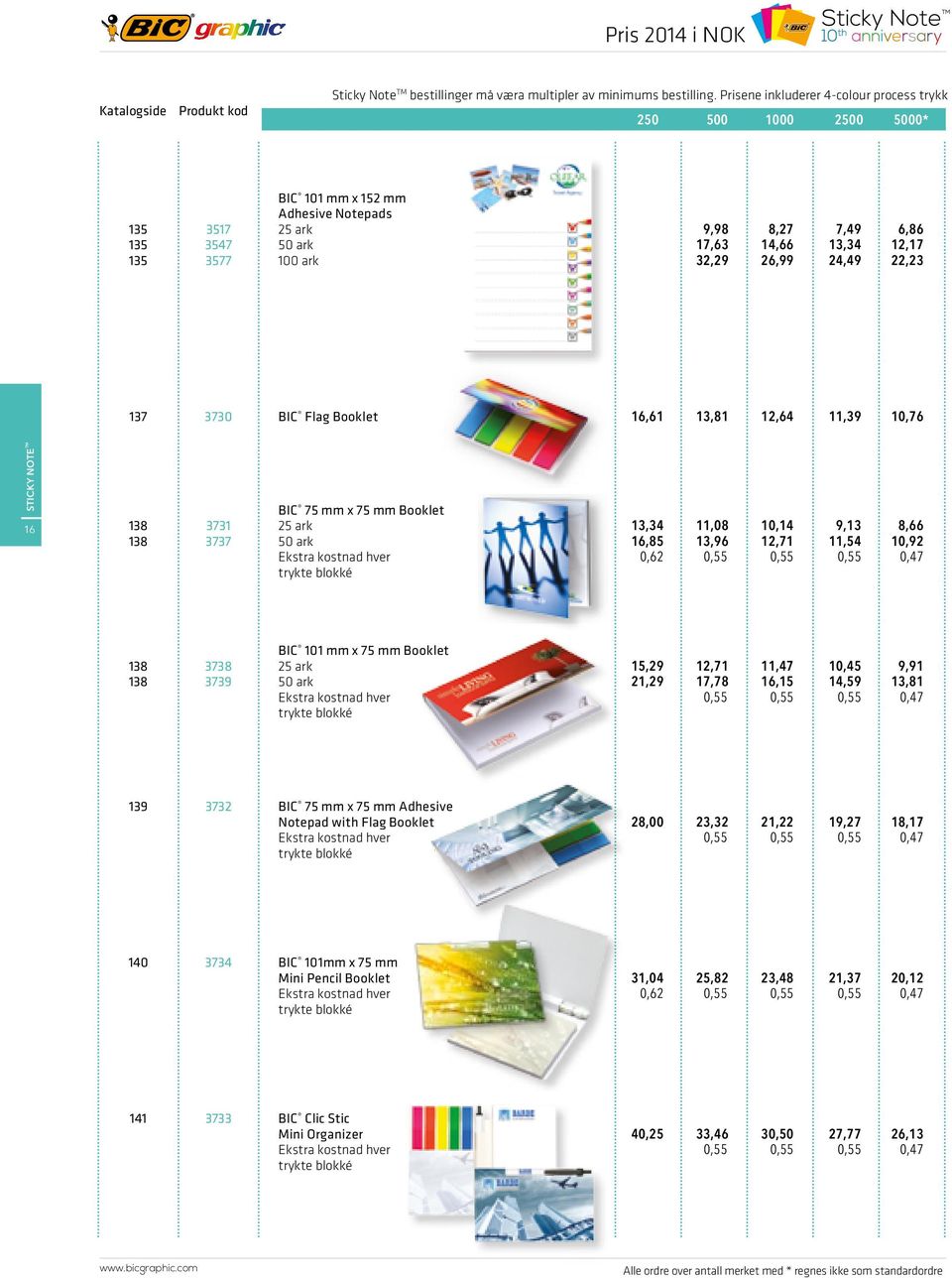 24,49 22,23 137 3730 BIC Flag Booklet 16,61 13,81 12,64 11,39 10,76 STICKY NOTE TM 16 138 138 3731 3737 BIC 75 mm x 75 mm Booklet Ekstra kostnad hver trykte blokké 13,34 11,08 10,14 9,13 8,66 16,85