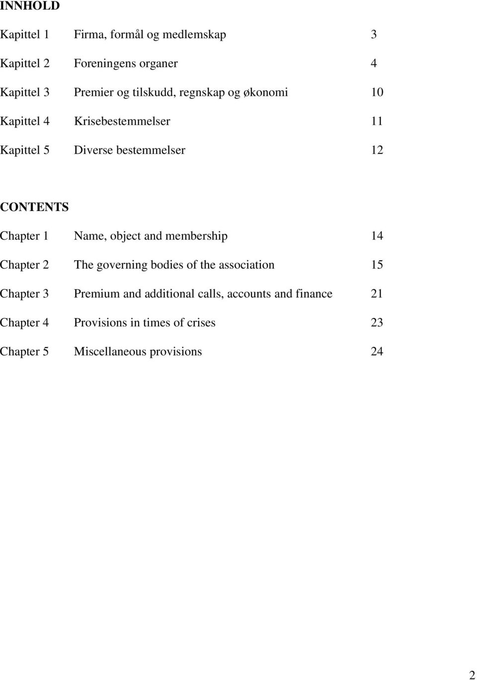 Name, object and membership 14 Chapter 2 The governing bodies of the association 15 Chapter 3 Premium and