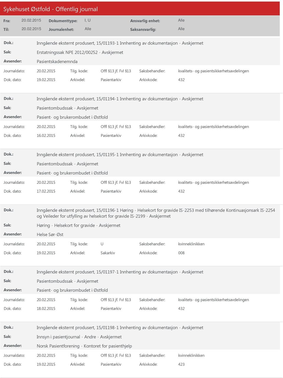 2015 Arkivdel: Pasientarkiv Arkivkode: 432 Inngående eksternt produsert, 15/01194-1 Innhenting av dokumentasjon - Pasientombudssak - Pasient- og brukerombudet i Østfold Dok. dato: 16.02.