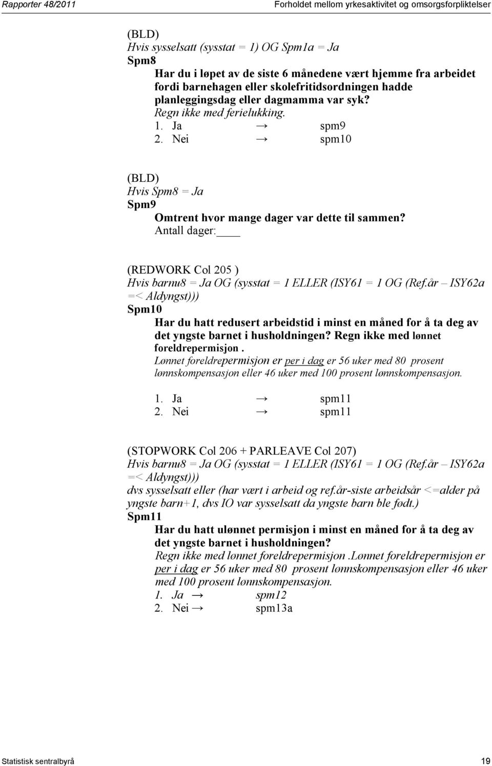 Nei spm10 (BLD) Hvis Spm8 = Ja Spm9 Omtrent hvor mange dager var dette til sammen? Antall dager: (REDWORK Col 205 ) Hvis barnu8 = Ja OG (sysstat = 1 ELLER (ISY61 = 1 OG (Ref.