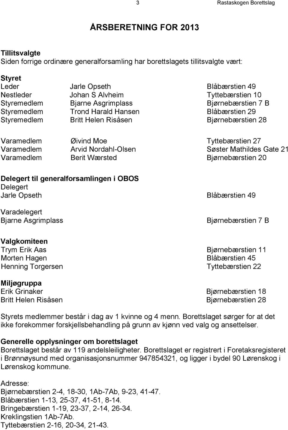 Tyttebærstien 27 Varamedlem Arvid Nordahl-Olsen Søster Mathildes Gate 21 Varamedlem Berit Wærsted Bjørnebærstien 20 Delegert til generalforsamlingen i OBOS Delegert Jarle Opseth Blåbærstien 49