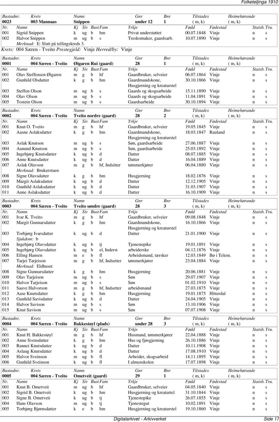 1864 Vinje n s 002 Gunhild Olsdatter k g b hm Gaardmandskone, 30.10.1866 Vinje n s Husgjerning og kreaturstel 003 Steffen Olson m ug b s Gaards og skogsarbeide 15.11.