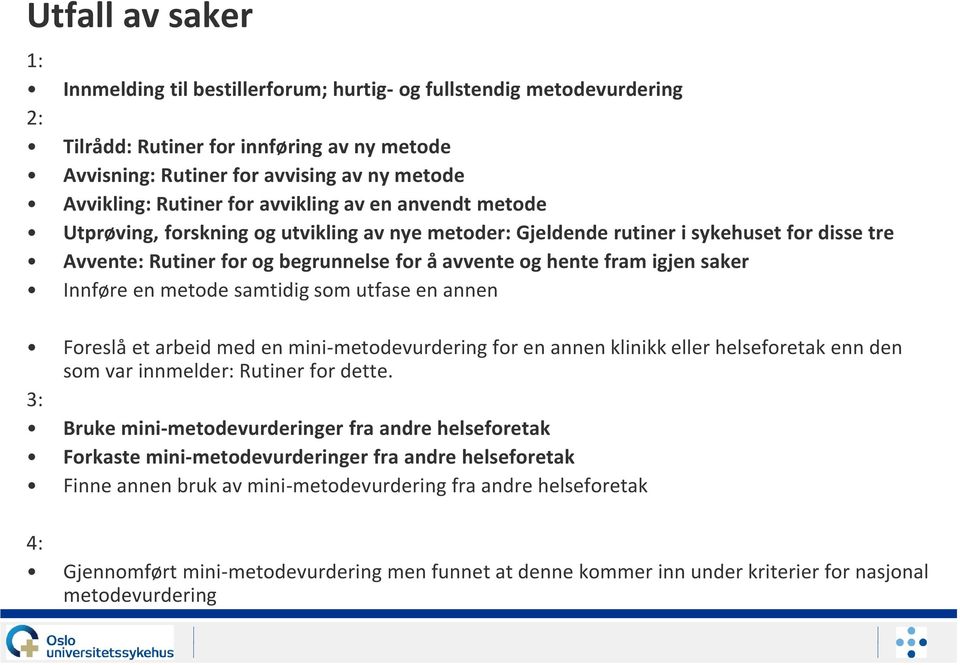 saker Innføre en metode samtidig som utfase en annen Foreslå et arbeid med en mini-metodevurdering for en annen klinikk eller helseforetak enn den som var innmelder: Rutiner for dette.