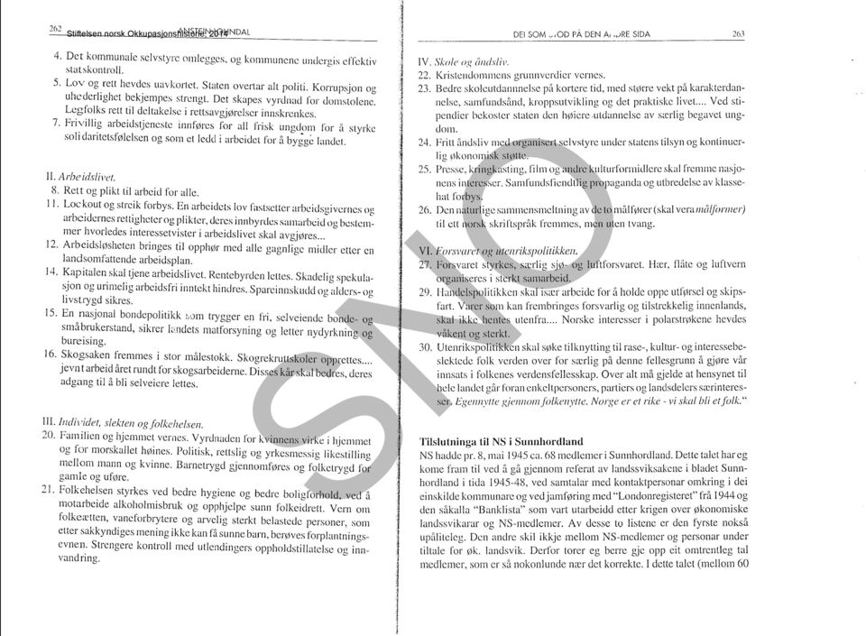 7. Frivillig arbeidstjeneste innføres for all frisk ungdom for å styrke soli daritetsfølelsen og som el ledd i arbeidet for ti bygge landet. Il. Ar!Jcidslil'l'f. 8. Rett og plikt til arbeid for alle.