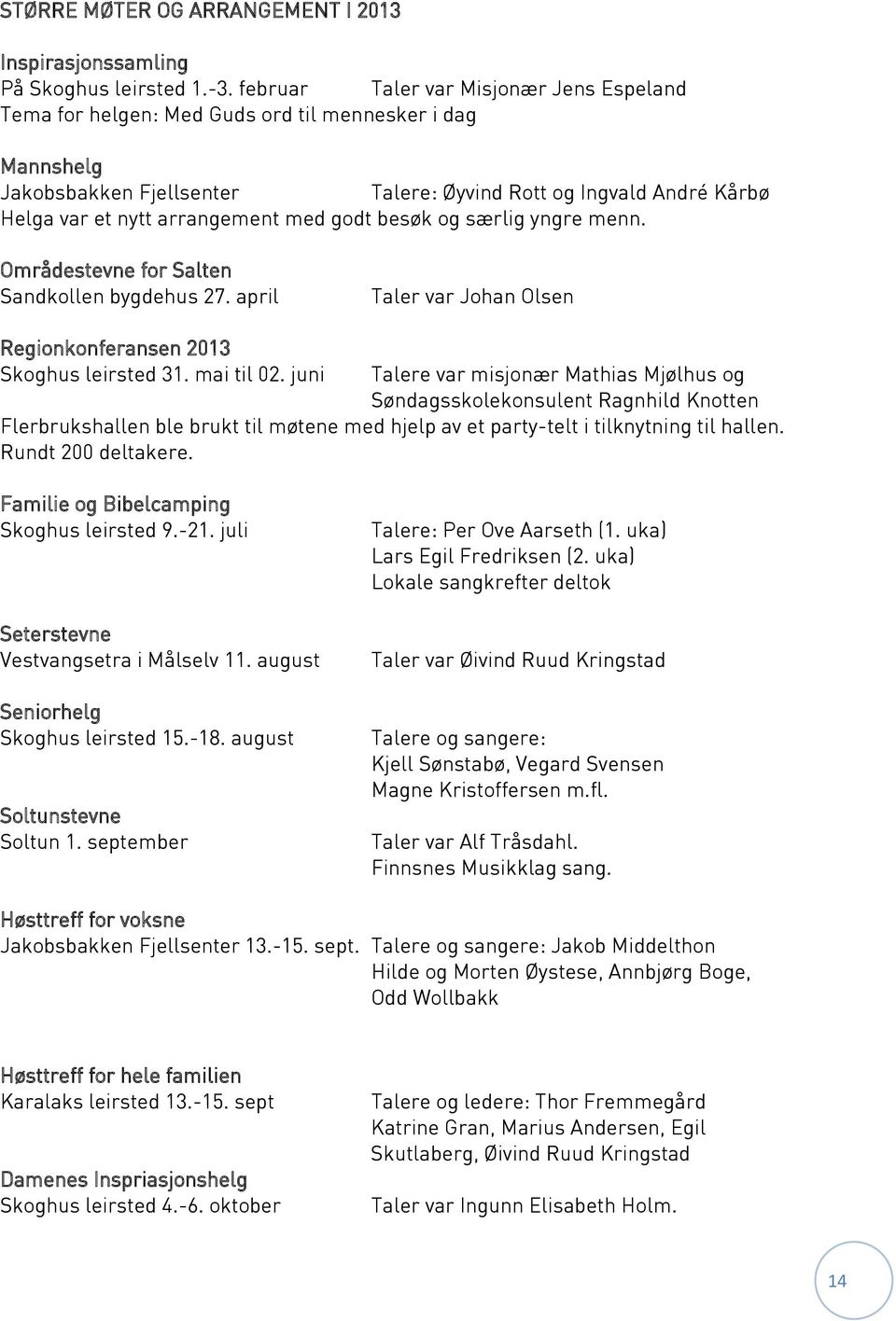 med godt besøk og særlig yngre menn. Områdestevne for Salten Sandkollen bygdehus 27. april Taler var Johan Olsen Regionkonferansen 2013 Skoghus leirsted 31. mai til 02.