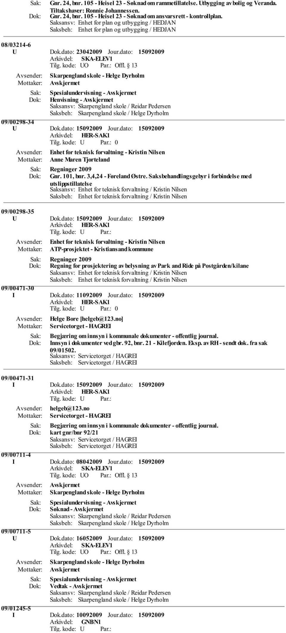 dato: 0 Enhet for teknisk forvaltning - Kristin Nilsen Anne Maren Tjorteland Regninger 2009 Gnr. 101, bnr. 3,4,24 - Føreland Østre.