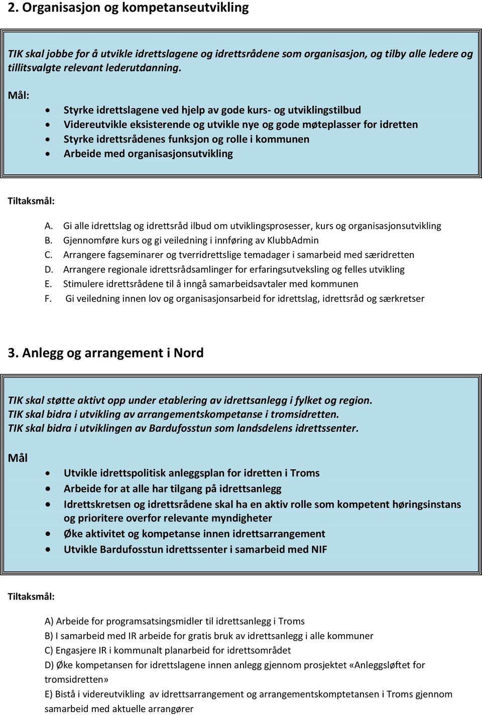 med organisasjonsutvikling A. Gi alle idrettslag og idrettsråd ilbud om utviklingsprosesser, kurs og organisasjonsutvikling B. Gjennomføre kurs og gi veiledning i innføring av KlubbAdmin C.