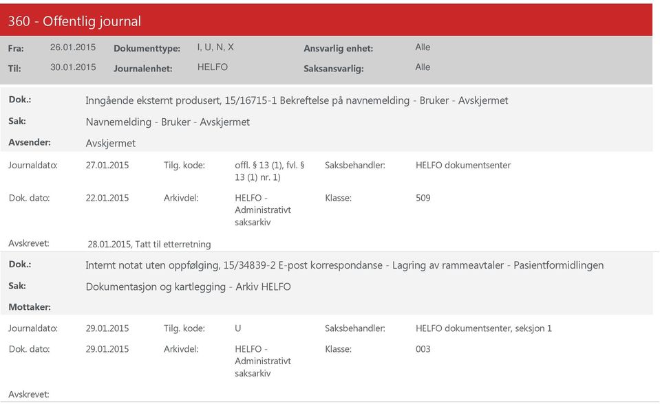 2015 Arkivdel: - 509 28.01.2015, Tatt til etterretning Internt notat uten oppfølging, 15/34839-2 E-post