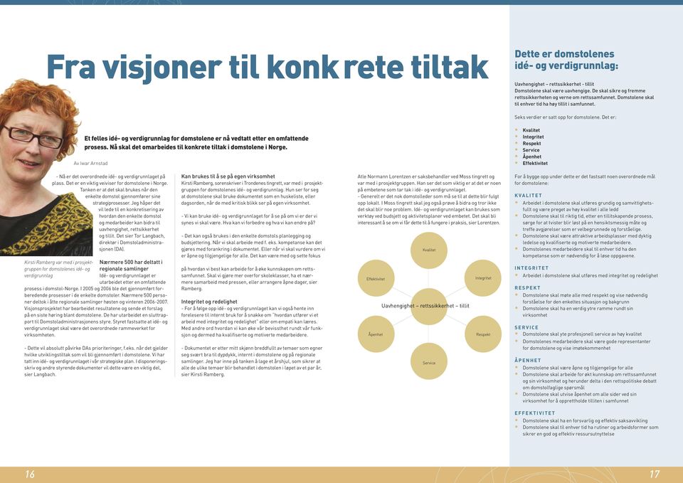 Det er: Et felles idé- og verdigrunnlag for domstolene er nå vedtatt etter en omfattende prosess. Nå skal det omarbeides til konkrete tiltak i domstolene i Norge.