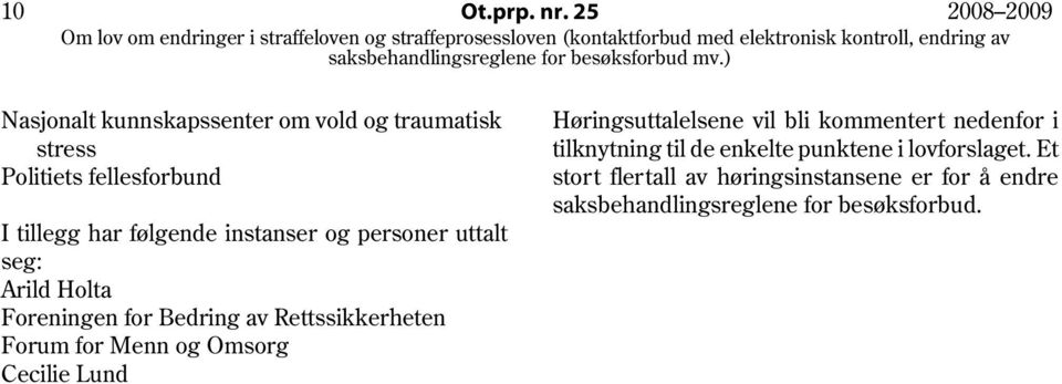 følgende instanser og personer uttalt seg: Arild Holta Foreningen for Bedring av Rettssikkerheten Forum for Menn