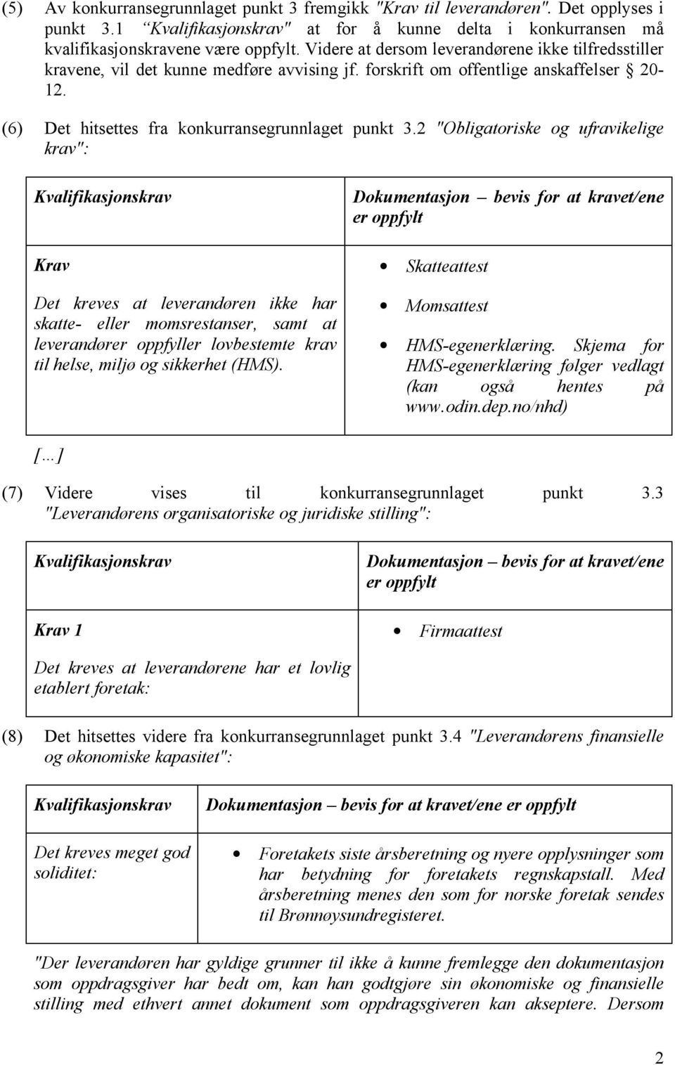 2 "Obligatoriske og ufravikelige krav": Kvalifikasjonskrav Krav Det kreves at leverandøren ikke har skatte- eller momsrestanser, samt at leverandører oppfyller lovbestemte krav til helse, miljø og