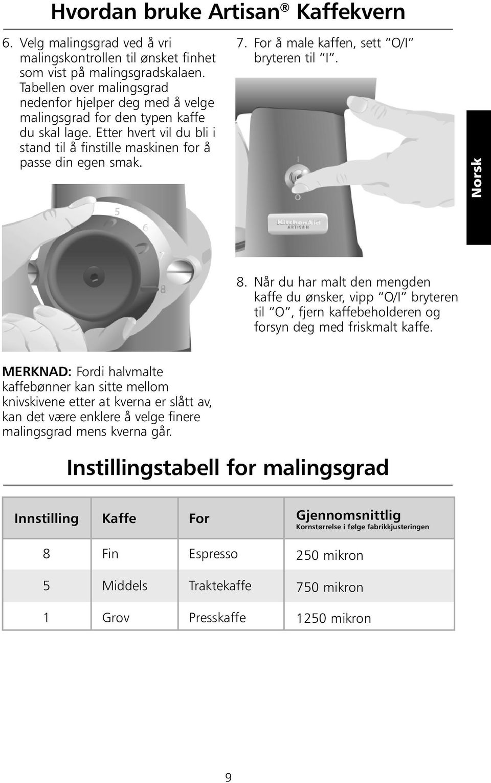 For å male kaffen, sett O/I bryteren til I. 8. Når du har malt den mengden kaffe du ønsker, vipp O/I bryteren til O, fjern kaffebeholderen og forsyn deg med friskmalt kaffe.