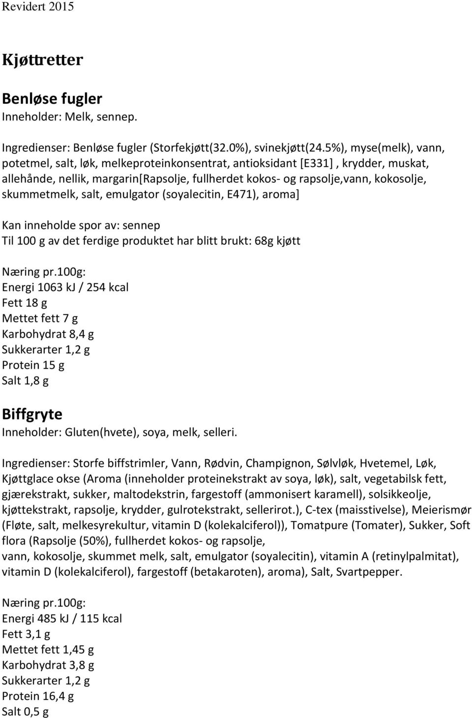 skummetmelk, salt, emulgator (soyalecitin, E471), aroma] Kan inneholde spor av: sennep Til 100 g av det ferdige produktet har blitt brukt: 68g kjøtt Energi 1063 kj / 254 kcal Fett 18 g Mettet fett 7