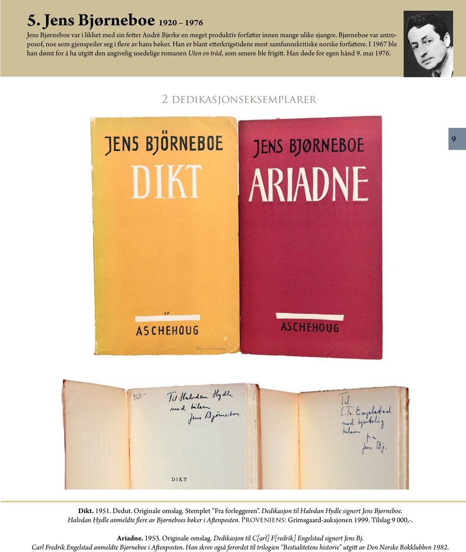 I 1967 ble han dømt for å ha utgitt den angivelig usedelige romanen Uten en tråd, som senere ble frigitt. Han døde for egen hånd 9. mai 1976. 2 dedikasjonseksemplarer 9 Dikt. 1951. Dedut.