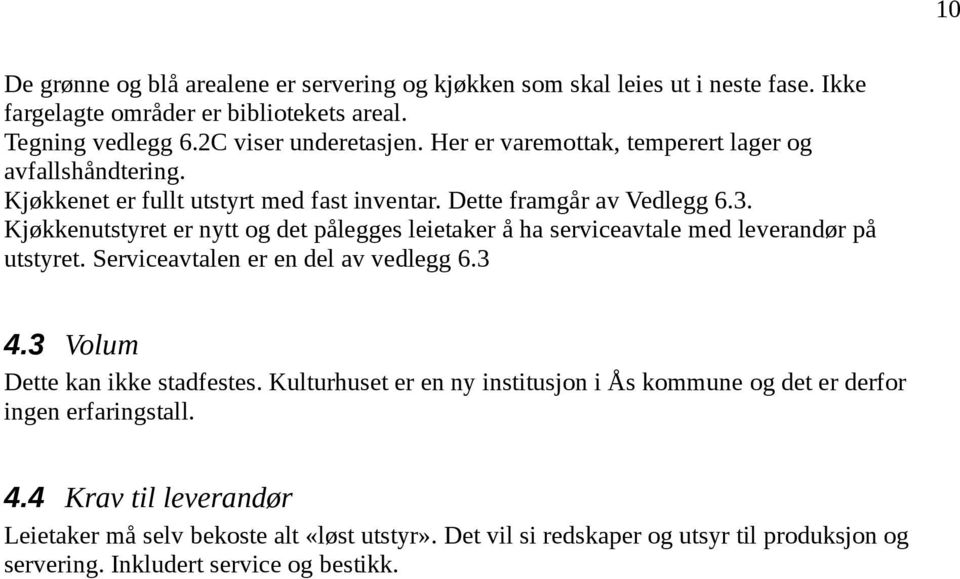 Kjøkkenutstyret er nytt og det pålegges leietaker å ha serviceavtale med leverandør på utstyret. Serviceavtalen er en del av vedlegg 6.3 4.3 Volum Dette kan ikke stadfestes.