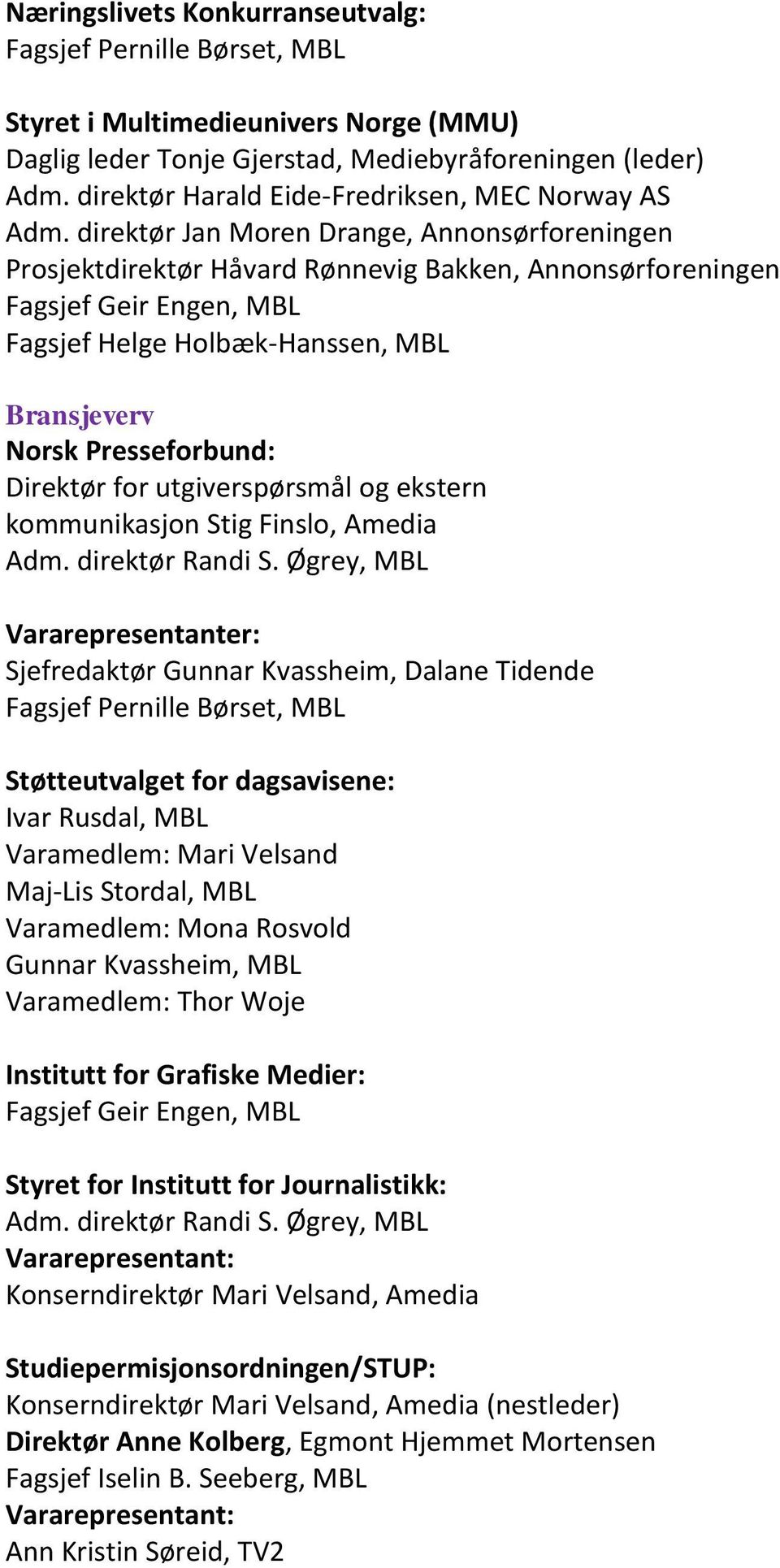 Vararepresentanter: Sjefredaktør Gunnar Kvassheim, Dalane Tidende Støtteutvalget for dagsavisene: Ivar Rusdal, MBL Varamedlem: Mari Velsand Maj-Lis Stordal, MBL Varamedlem: Mona Rosvold Gunnar