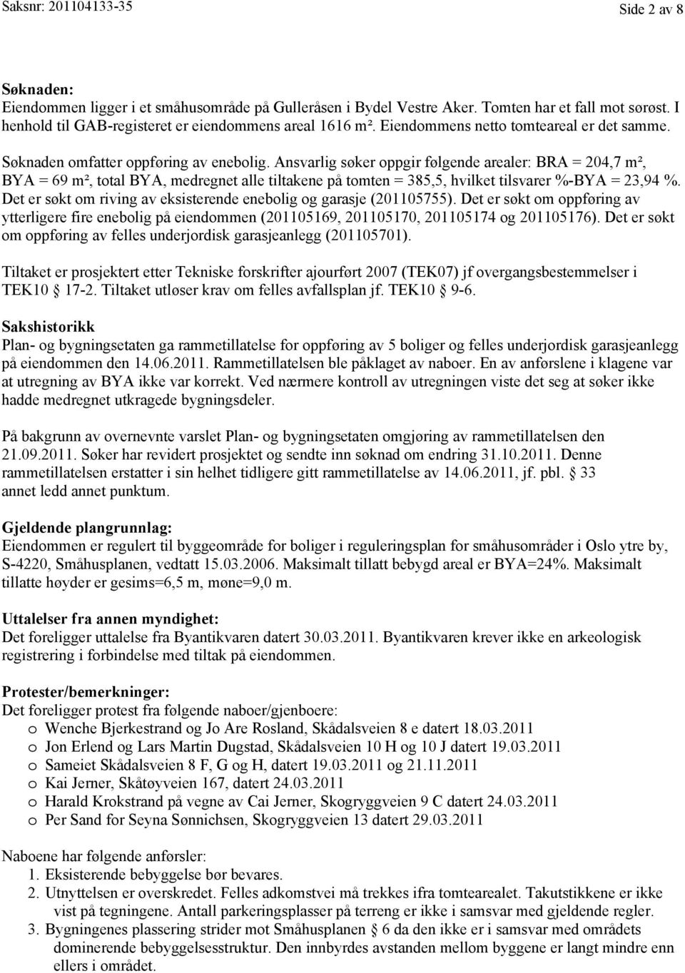 Ansvarlig søker oppgir følgende arealer: BRA = 204,7 m², BYA = 69 m², total BYA, medregnet alle tiltakene på tomten = 385,5, hvilket tilsvarer %-BYA = 23,94 %.