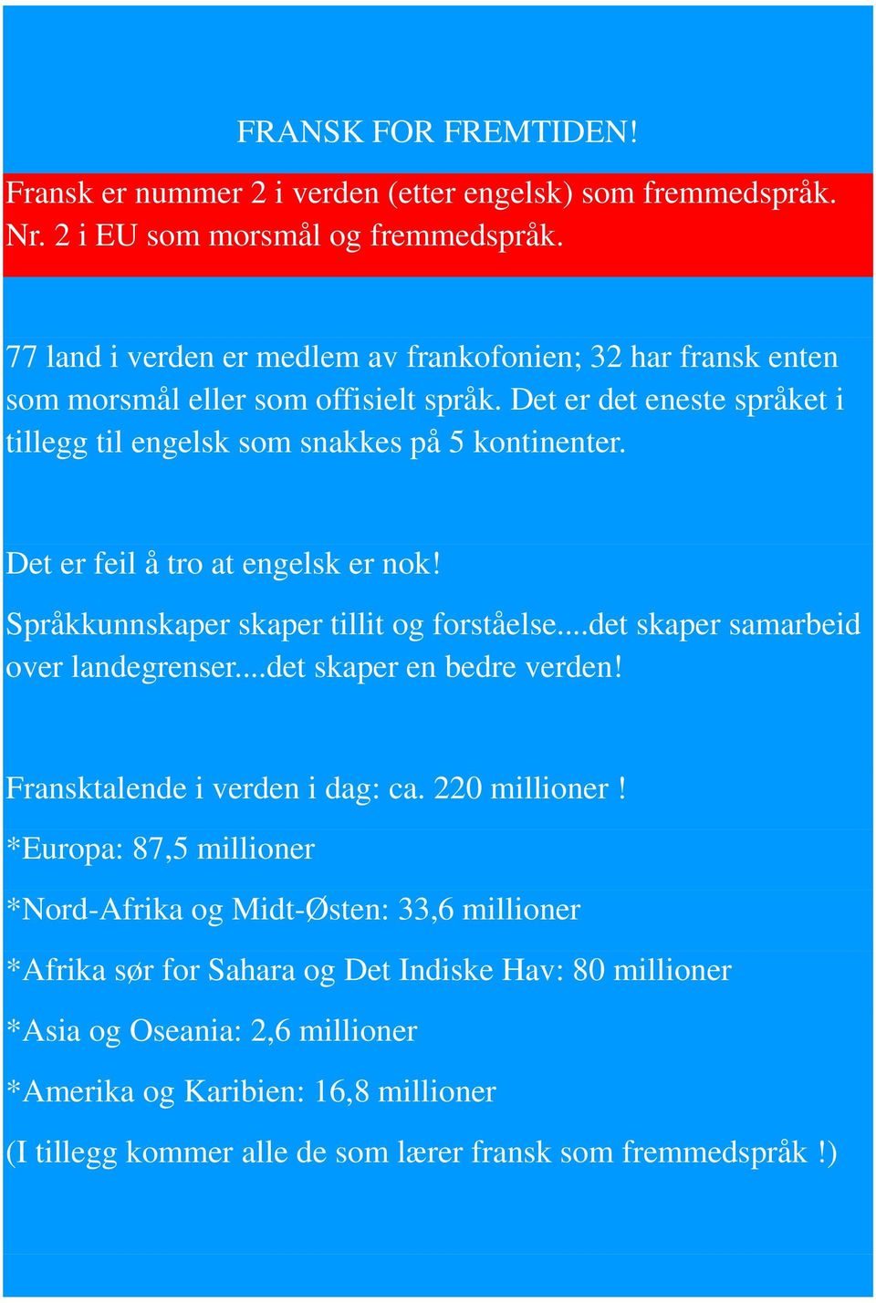 Det er feil å tro at engelsk er nok! Språkkunnskaper skaper tillit og forståelse...det skaper samarbeid over landegrenser...det skaper en bedre verden! Fransktalende i verden i dag: ca.