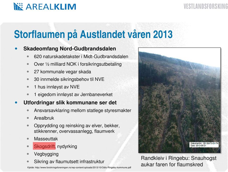 statlege styresmakter Arealbruk Opprydding og reinsking av elver, bekker, stikkrenner, overvassanlegg, flaumverk Masseuttak Skogsdrift, nydyrking Vegbygging Sikring av