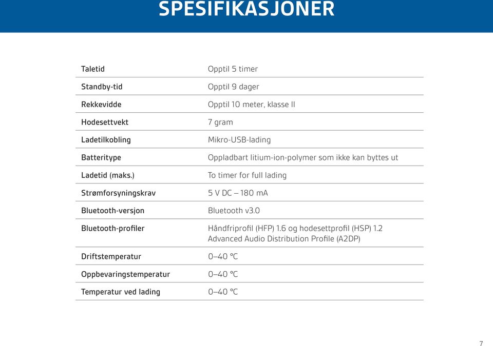 litium-ion-polymer som ikke kan byttes ut To timer for full lading 5 V DC 180 ma Bluetooth-versjon Bluetooth v3.